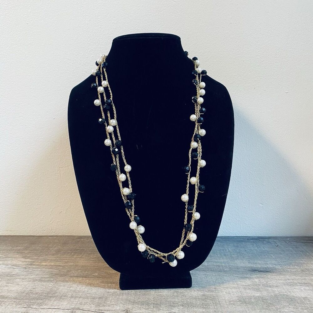 Long Vintage 88” Gold Tone Chain Faux Pearl And Black Bead Necklace